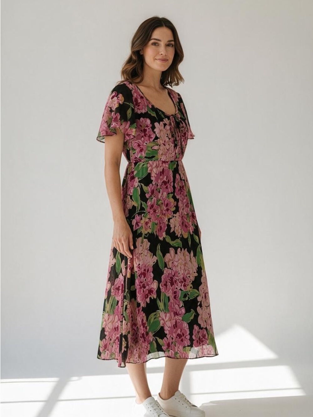 Lemmie NY Chiffon Milkmaid Babydoll Dress Black Floral Size 10 Vintage